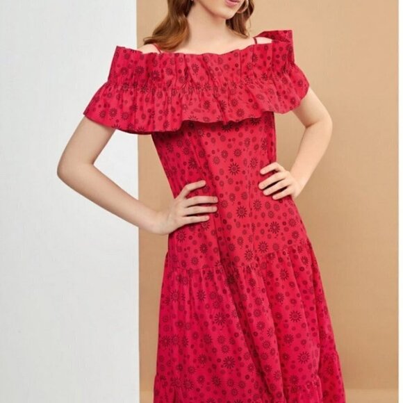 Floral Print Cold Shoulder Ruffle Trim Smock Maxi Dress red - Picture 7 of 8